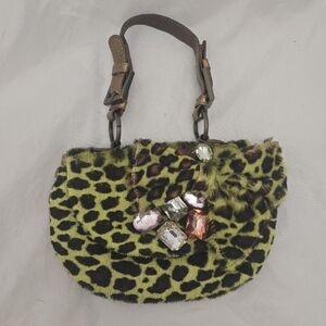 Betsey Johnson Cheetah Print Pony Hair Handbag with Gem Accents. Vintage